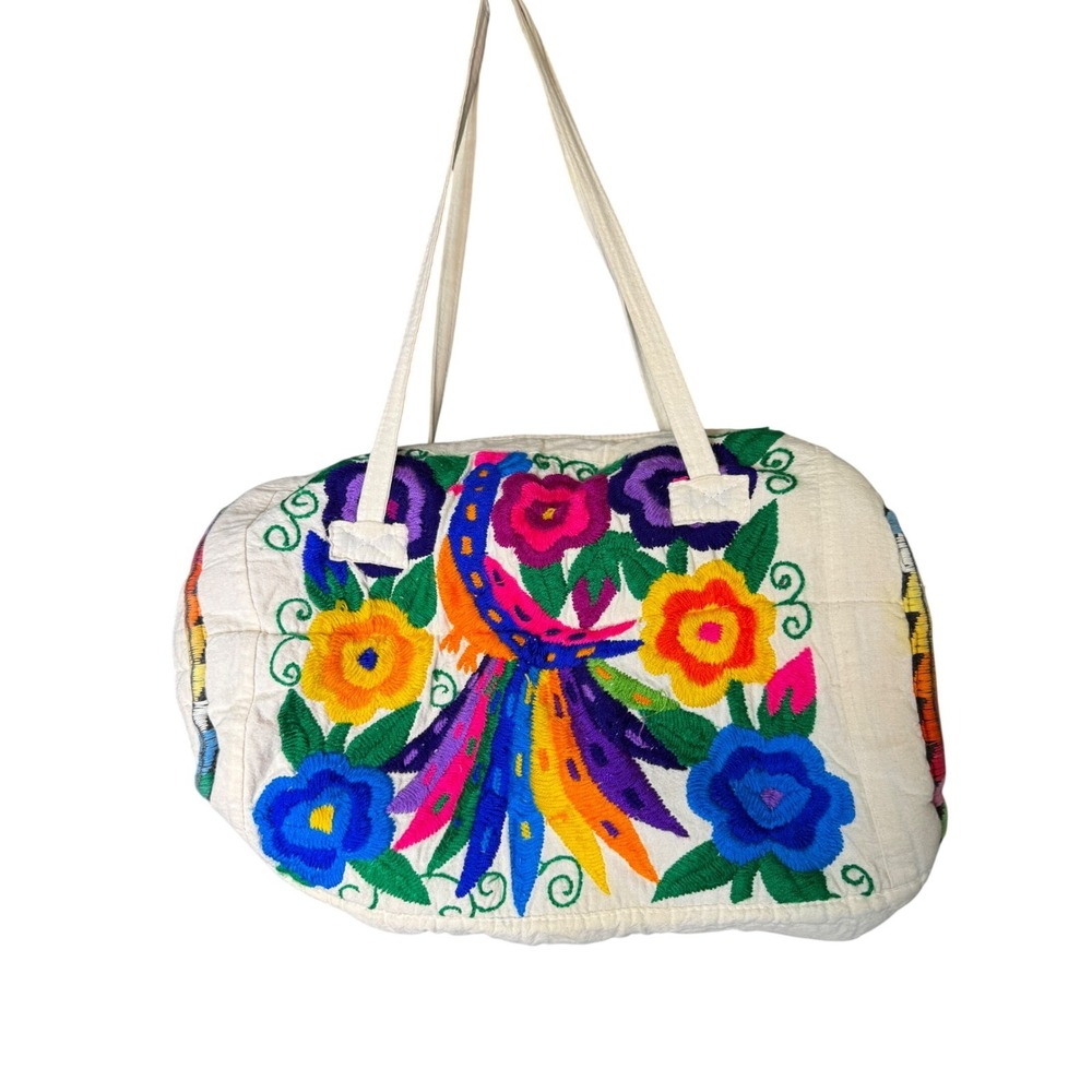 Vintage Mexican Folk Art Embroidered Duffel Bag Cream Floral Peacock Travel Tote